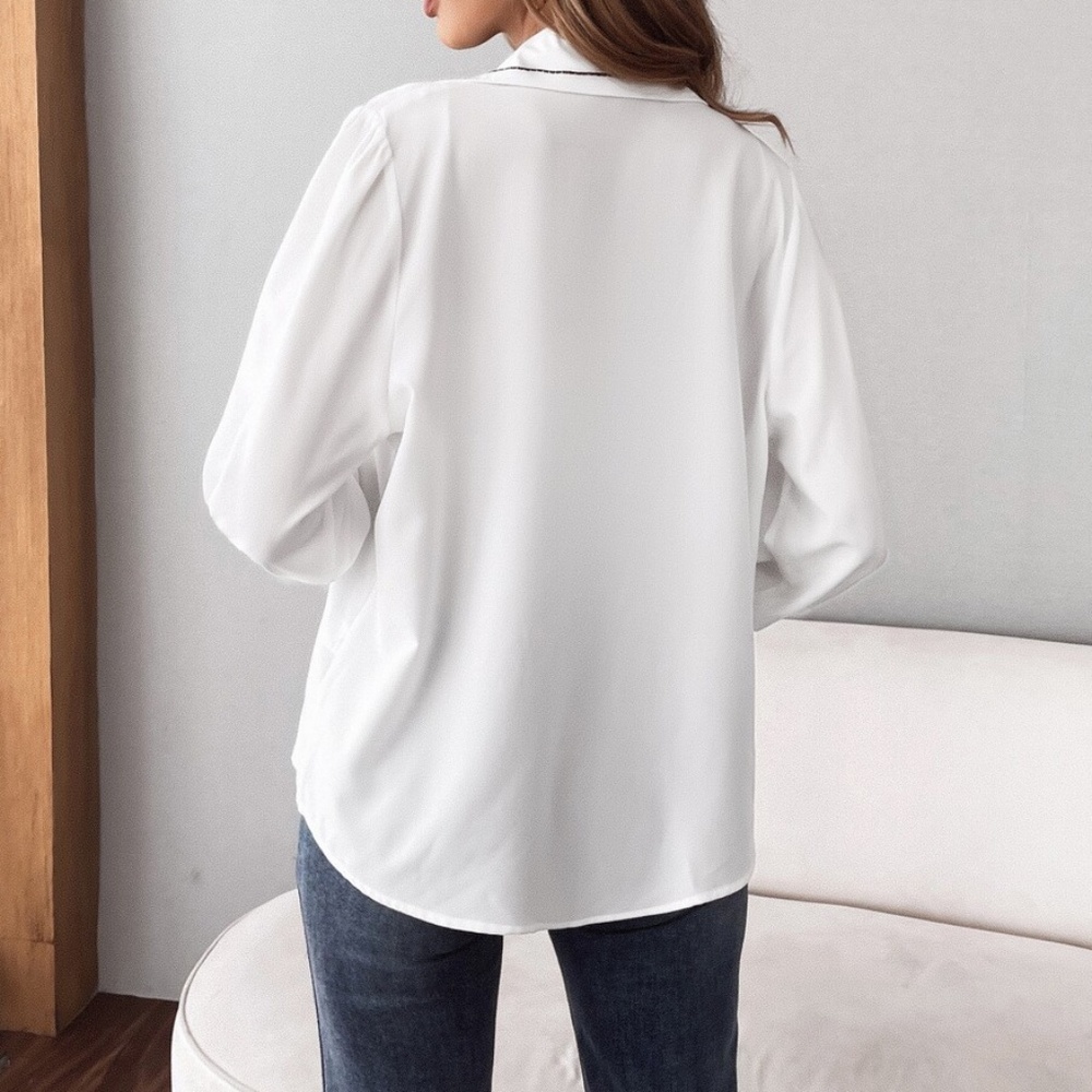 White Button up Solid Boyfriend Top Office Work - Picture 2 of 4